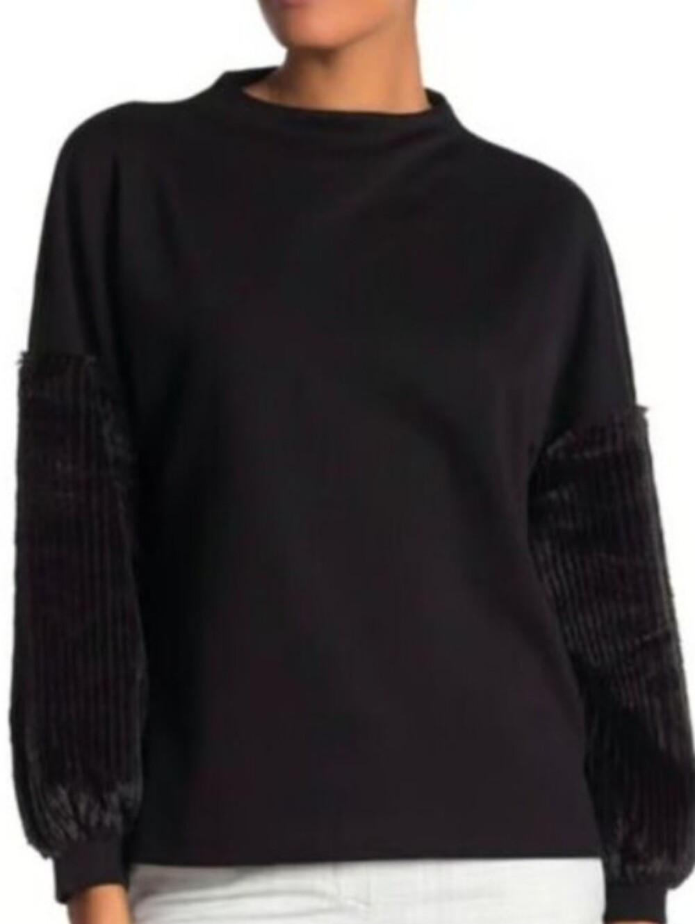 Catherine Malandrino Black Mock Neck Faux Fur Puff Sleeve Sweatshirt Sweater